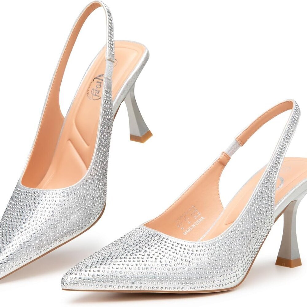 Women Slingback Heels Glitter Pointed Toe Pumps 3.2 Inch Dressy Shoes